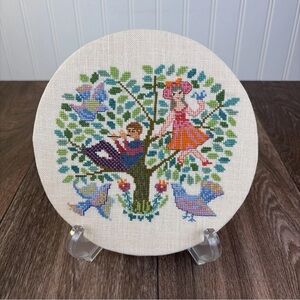 Vtg Completed Whimsical Cross Stitch Tree with Boy & Flute, Girl & Love Birds